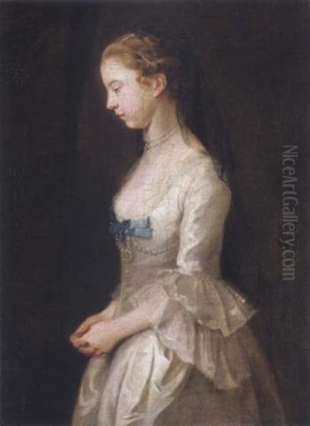 Portrait Of A Young Girl Wearing A Cream Dress With Blue Ribbons Oil Painting by Joseph Highmore