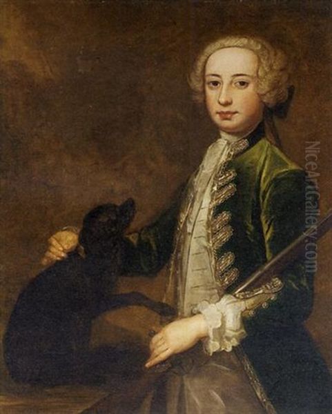 Portrait Of A Young Gentleman In A Green Coat, Holding A Gun, With A Spaniel Oil Painting by Joseph Highmore