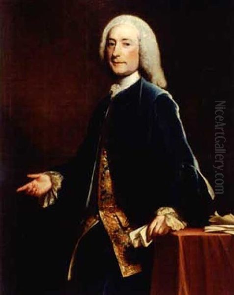 Gentleman In Blue Velvet Waistcoat And Brocade Vest Holding A Letter Oil Painting by Joseph Highmore