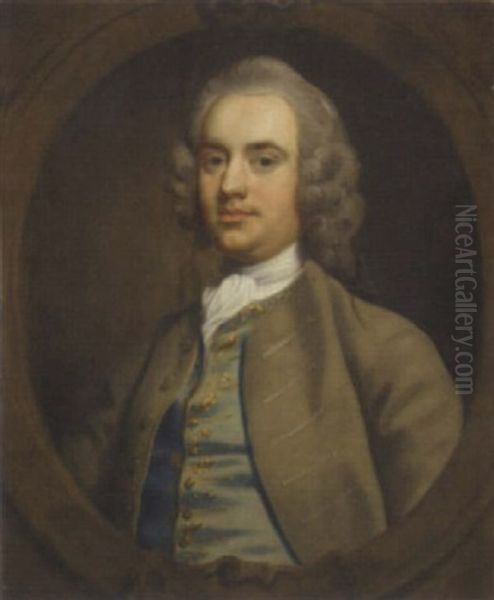 Portrait Of Francis Turner Esq. Of Ullesley Court, Warwick, In A Light Brown Jacket And Blue Waistcoat Oil Painting by Joseph Highmore