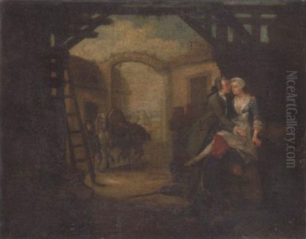 A Couple Courting In A Yard With A Man Spying, A Groom With Two Horses In The Background Oil Painting by Joseph Highmore