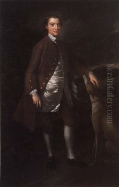 Portrait Of A Young Man In A Brown Coat And White Satin Waistcoat, In A Landscape, A Lurcher At His Side Oil Painting by Joseph Highmore