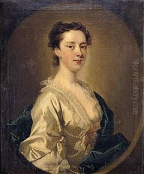 Portrait Of A Lady, Wearing A Cream Silk Dress, The Bodice Wound With Pearls Oil Painting by Joseph Highmore