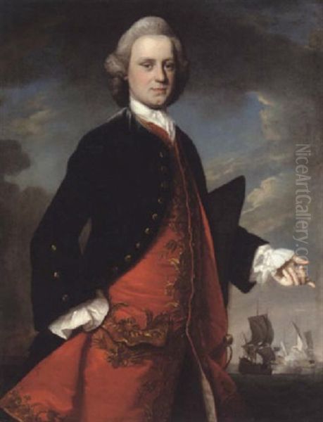 Portrait Of A Gentleman Wearing A Blue Coat And Scarlet Waistcoat, A Naval Engagement Beyond Oil Painting by Joseph Highmore