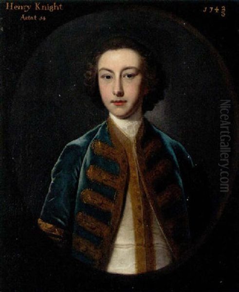 Portrait Of Henry Knight Aged 14, In A Gold Embroidered Blue Coat And White Waistcoast Oil Painting by Joseph Highmore