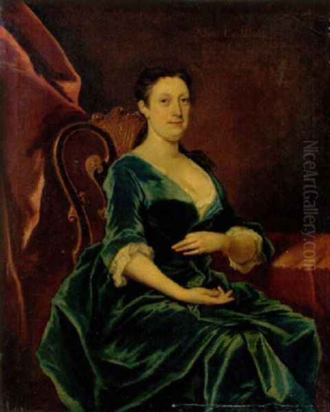 Portrait Of Alice Caulfield In A Blue Dress Trimmed With Lace Oil Painting by Joseph Highmore