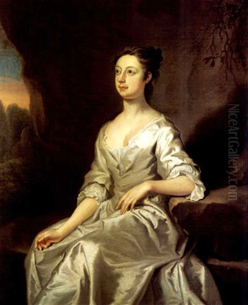 Portrait Of A Lady (elizabeth Warren Elliott?) Wearing A White Dress In A Landscape Oil Painting by Joseph Highmore