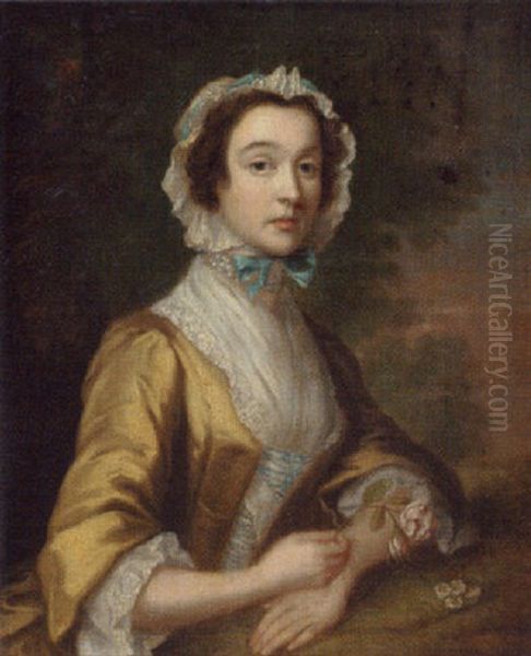 Portrait Of A Lady In A Yellow Dress And Blue-ribboned Lace Bonnet Holding A Rose In A Landscape Oil Painting by Joseph Highmore