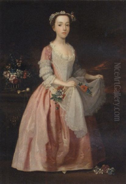 Portrait Of A Girl, Standing, In A Pink Dress With Lace Trimmings, Gathering Flowers Oil Painting by Joseph Highmore