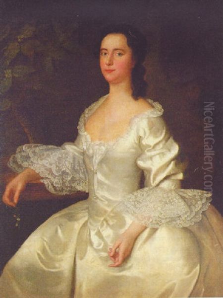 Portrait Of A Lady In A White Satin Dress With Lace Cuffs, Holding A Sprig Of Orange Blossom Oil Painting by Joseph Highmore