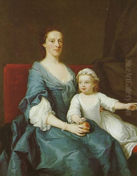 A Mother, An Apple In Her Right Hand, Her Young Daughter Seated Beside Her Oil Painting by Joseph Highmore