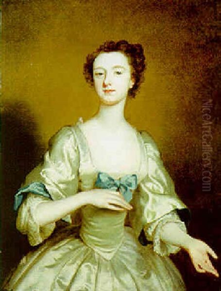 Portrait Of A Young Lady, In A White Satin Dress With A Blue Bow Oil Painting by Joseph Highmore