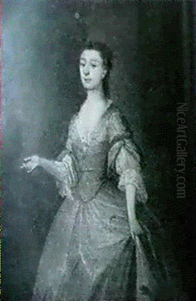 Portrait Of A Lady, Said To Be Miss Meynell, Standing       Three-quarter Length Wearing A Blue Dress... Oil Painting by Joseph Highmore