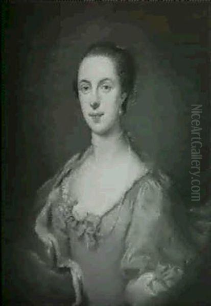 Portrait Of A Lady, Half Length, Wearing A Blue And White   Dress With A Fur-lined Cloak, In A Painted Cartouche Oil Painting by Joseph Highmore