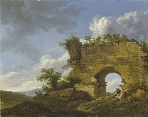 The Gate Of Persecution' At Ephesus, Turkey, With Goat Herders Resting By The Ruins Oil Painting by Jean-Baptiste Hilaire