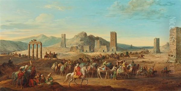 Passage De Deux Grandes Caravanes A Palmyre, Par La Vallee Des Mausolees Oil Painting by Jean-Baptiste Hilaire