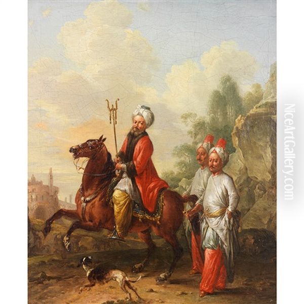 Dignitaire Turc A Cheval Avec Ses Janissaires Oil Painting by Jean-Baptiste Hilaire