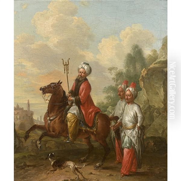 Dignitaire Turc A Cheval Avec Ses Janissaires Oil Painting by Jean-Baptiste Hilaire