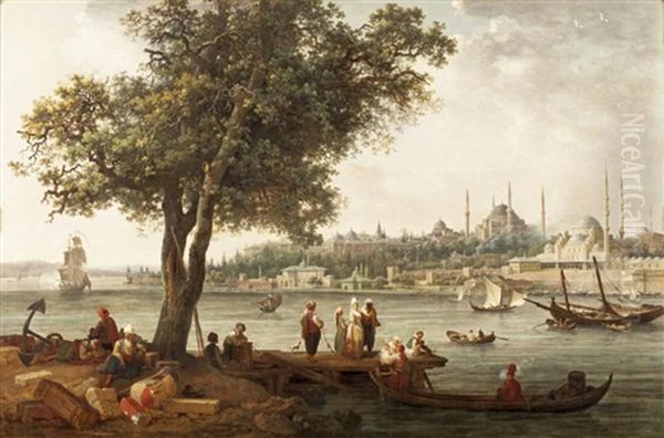 Vue De La Pointe Du Serail Prise De Galata, Constantinople Oil Painting by Jean-Baptiste Hilaire