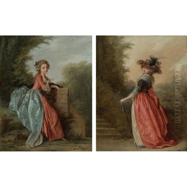 A Lady Seated In A Garden (+ A Lady Wearing A Hat, Promenading In A Landscape; Pair) Oil Painting by Jean-Baptiste Hilaire