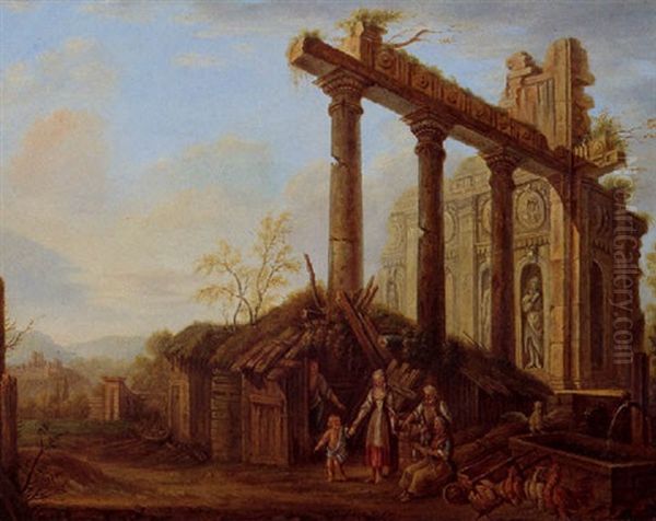 Paysage A La Ferme Et Aux Ruines Antiques Oil Painting by Jean-Baptiste Hilaire