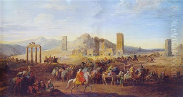 Passage Des Deux Grandes Caravanes A Palmyre, Par La Vallee Des Mausolees Oil Painting by Jean-Baptiste Hilaire