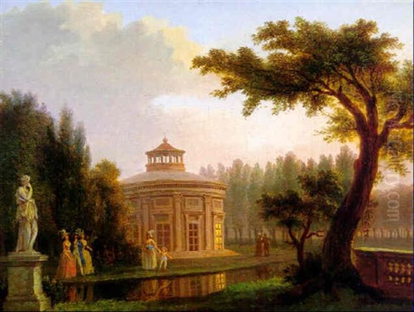 Park Landscape With A Pavilion And Couples Strolling By A Stream Oil Painting by Jean-Baptiste Hilaire