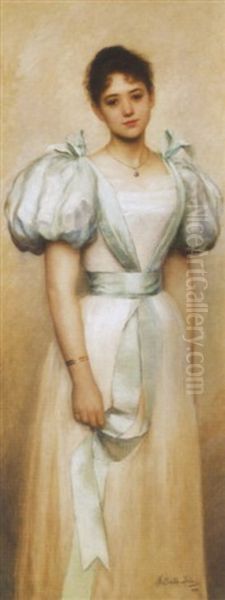 Leany Zold Szalagos Ruhaban (girl In A Dress With Green Ribbon) Oil Painting by Irene Hilberth