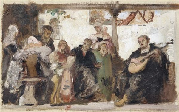 Am Marktplatz/ Die Vermahlung/ Luther Im Kreise Seiner Familie Musizierend (3 Works) Oil Painting by Ernst Hildebrand