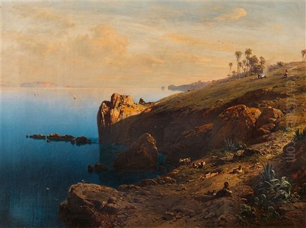 A Southern Coastline (possibly Madeira) Oil Painting by Eduard Hildebrandt