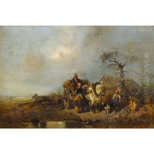 Landliche Szene Mit Heuwagen Oil Painting by Eduard Hildebrandt