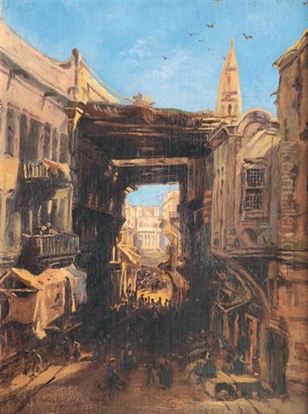 Bazaar In Cairo Oil Painting by Eduard Hildebrandt