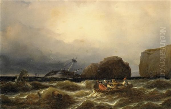 Schiff In Seenot Oil Painting by Eduard Hildebrandt