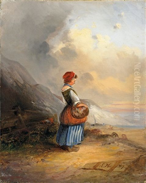 Madchen Mit Korb An Einer Kuste Oil Painting by Eduard Hildebrandt