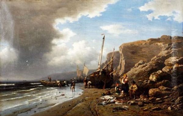 Groupe De Barques Et Pecheurs Au Pied De Falaises Normandes Oil Painting by Eduard Hildebrandt