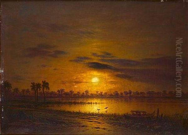 Sunset Over A River, Possibly Burma Oil Painting by Eduard Hildebrandt