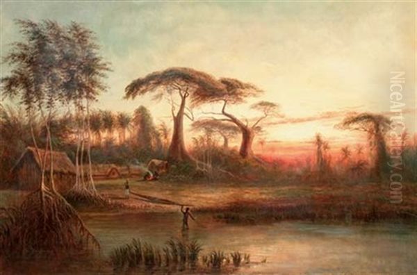 A Riverside Village In The Jungle At Sunset Oil Painting by Eduard Hildebrandt