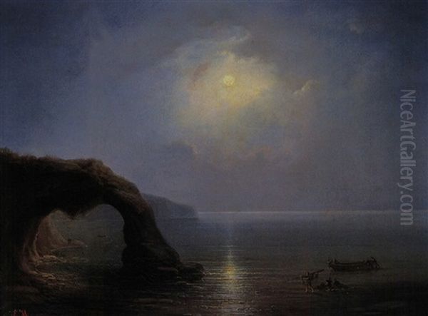 Felsen Bei Capri Mit Fischern by Eduard Hildebrandt