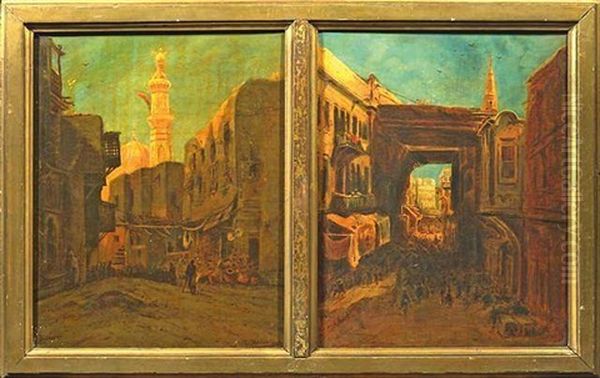 Orientalische Gasse Hinter Einer Moschee (also Attr. To Ludwig Halauska) Oil Painting by Eduard Hildebrandt