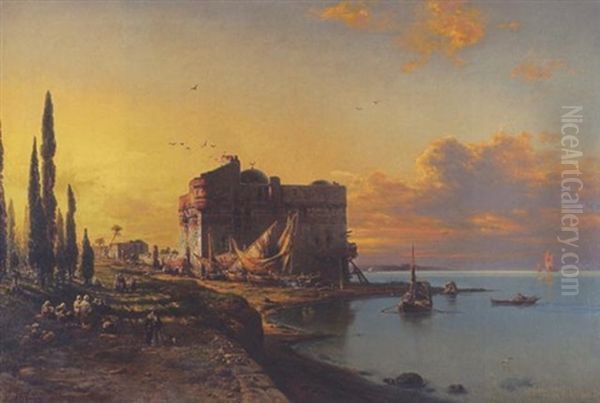 Kustenlandschaft Mit Osmanischer Festung (am Marmara-meer?) Oil Painting by Eduard Hildebrandt