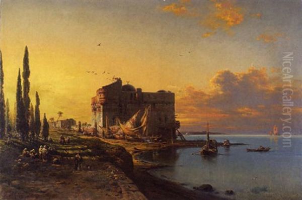 Kustenlandschaft Mit Osmanischer Festung (am Marmara-meer?) Oil Painting by Eduard Hildebrandt