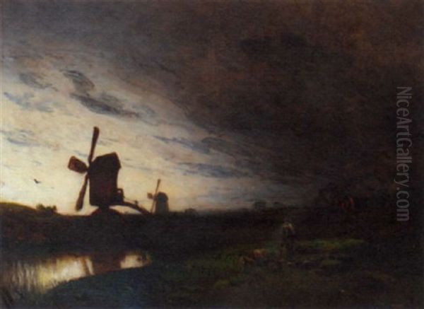 Windmills In A Dutch Landscape Oil Painting by Eduard Hildebrandt