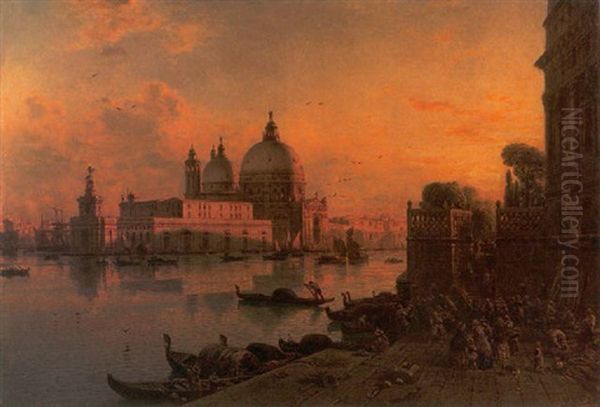 Abend Am Canal Grande - Am Diesseitigen Ufer Ein Von Menschen Wimmelnder Marktplatz Oil Painting by Eduard Hildebrandt