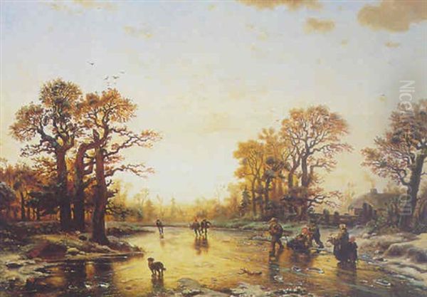 Figures On The Ice At Sunset Oil Painting by Eduard Hildebrandt