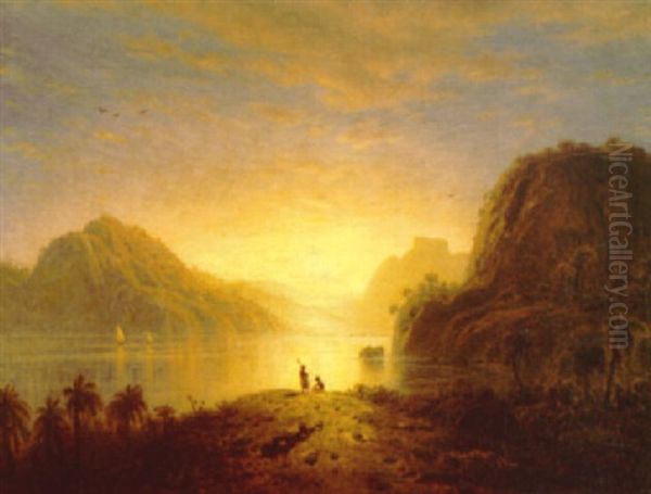 A Tropical Landscape With The Sun Setting Over A Lake And Figures On A Hilltop Oil Painting by Eduard Hildebrandt