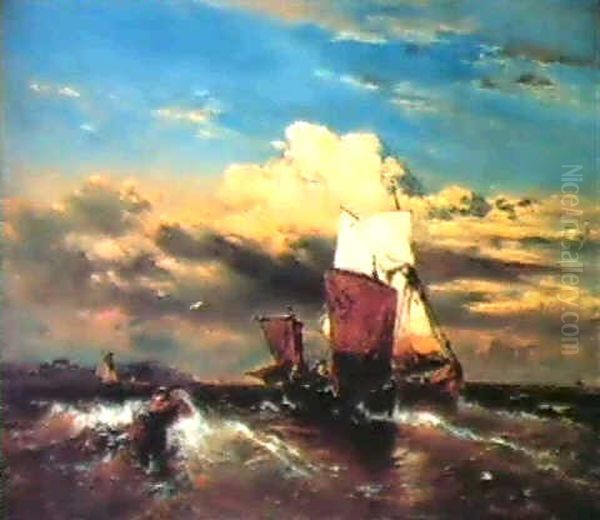 Fishing Boats In A Swell. Oil Painting by Eduard Hildebrandt