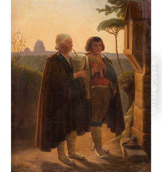 Zwei Musizierende Wanderer Am Wegkreuz, 1861 Oil Painting by Ferdinand-Theodor Hildebrandt