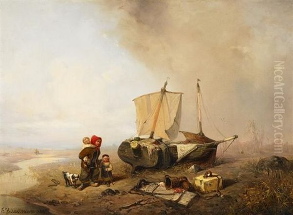 Fischerkinder Am Strand Oil Painting by Friedrich Fritz Hildebrandt