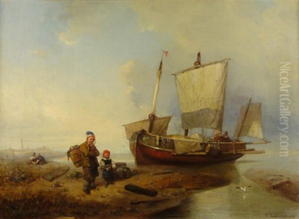 An Der Ostseekuste. Fischersleute Bei Vor Anker Liegendem Plattbodenschiff by Friedrich Fritz Hildebrandt