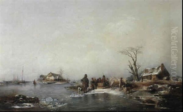 Figures In A Frozen Landscape Oil Painting by Friedrich Fritz Hildebrandt